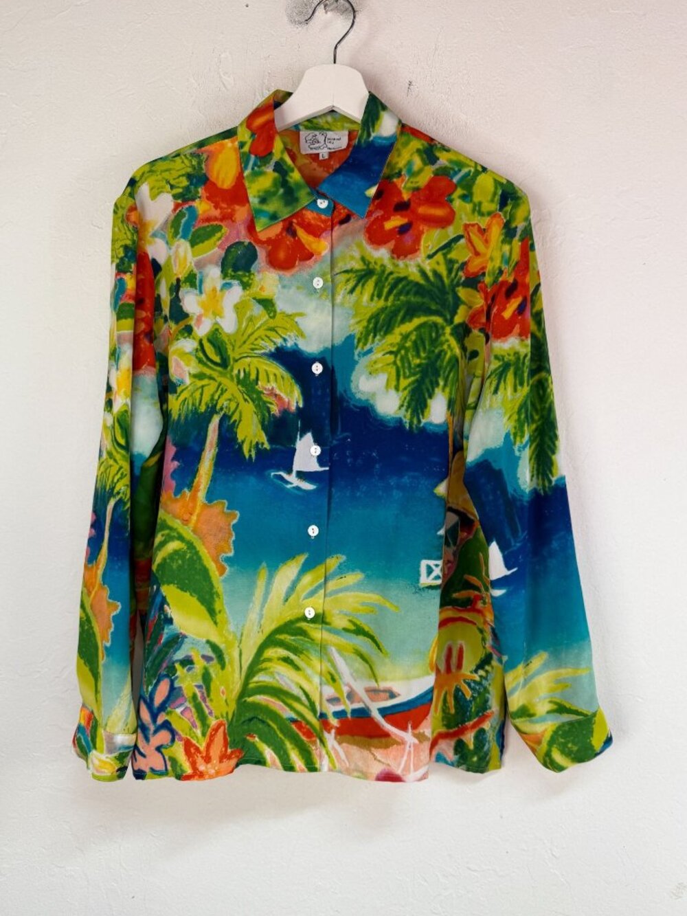 MICHAEL LEU Womens Silk Tropical Sailboat Hawaiian Shirt Wearable Art Wear Large